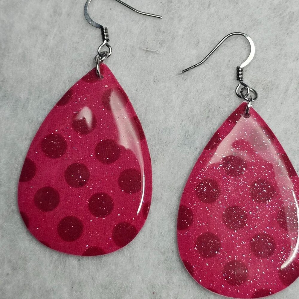 Handmade Hot pink with red polka dot pattern tear shaped earrings (Double sided